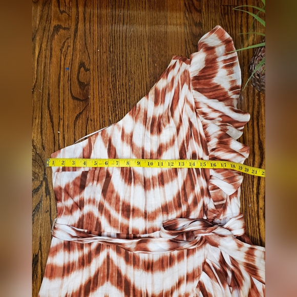 Banana Republic NWOT One-Shoulder Linen Ruffle Brown Patterned Mini Dress - Picture 8 of 11